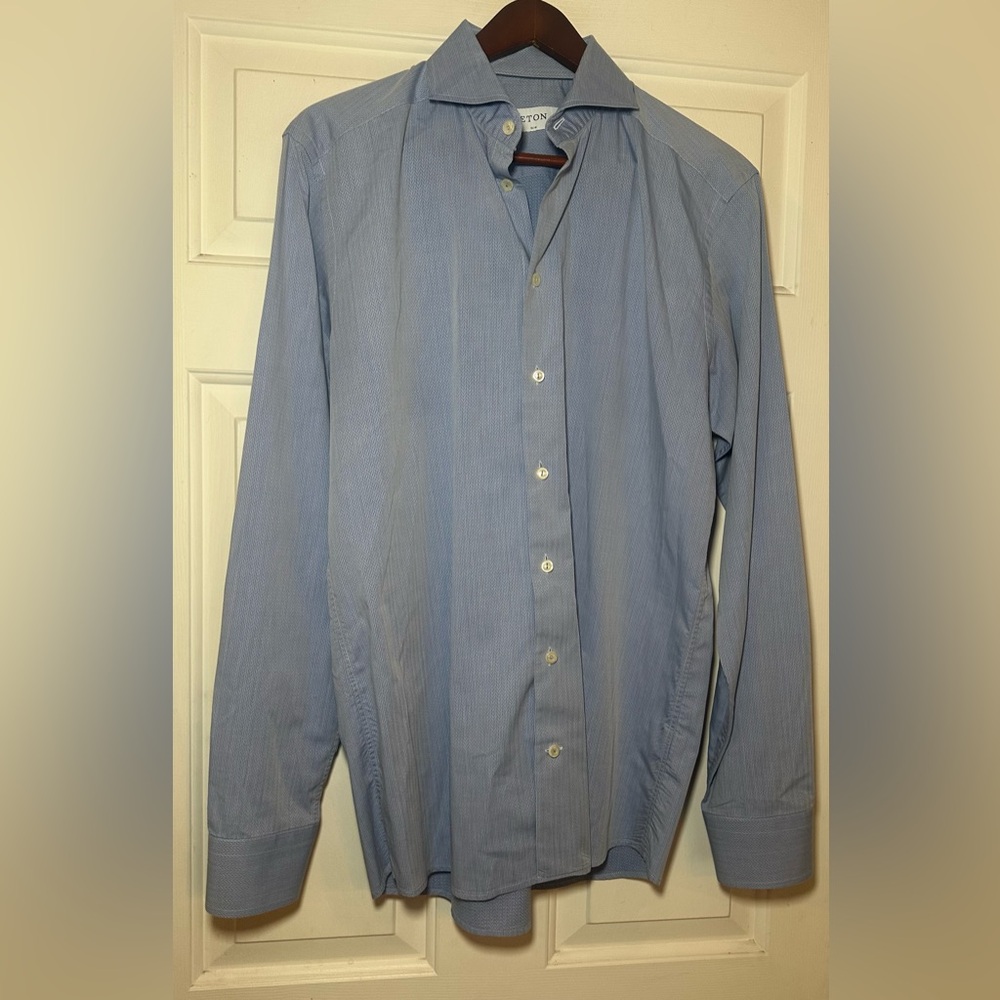 Eton Mens 41 16 Blue Herringbone Print Slim Fit Long Sleeve Dress Shirt EUC.